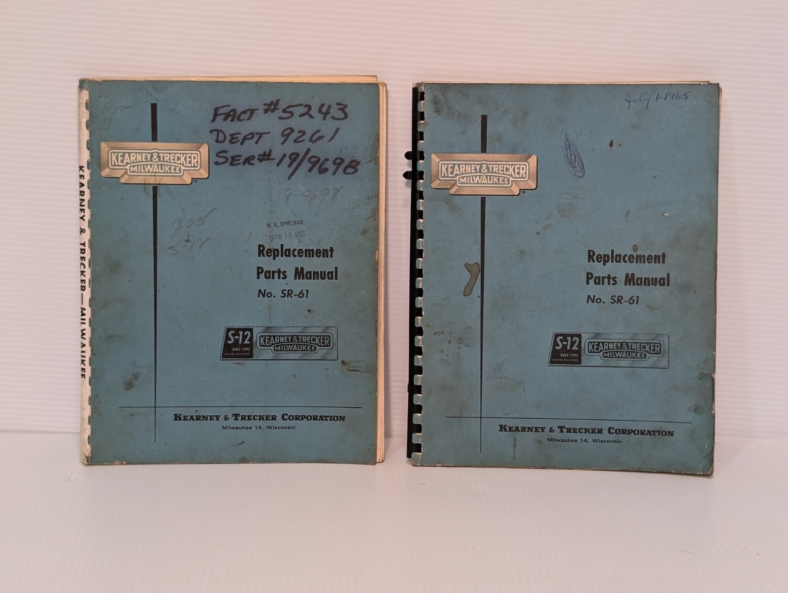 Lot of 2: Kearney&Trecker SR-61 Parts Manuals for S-12 Knee Type Milling Machine