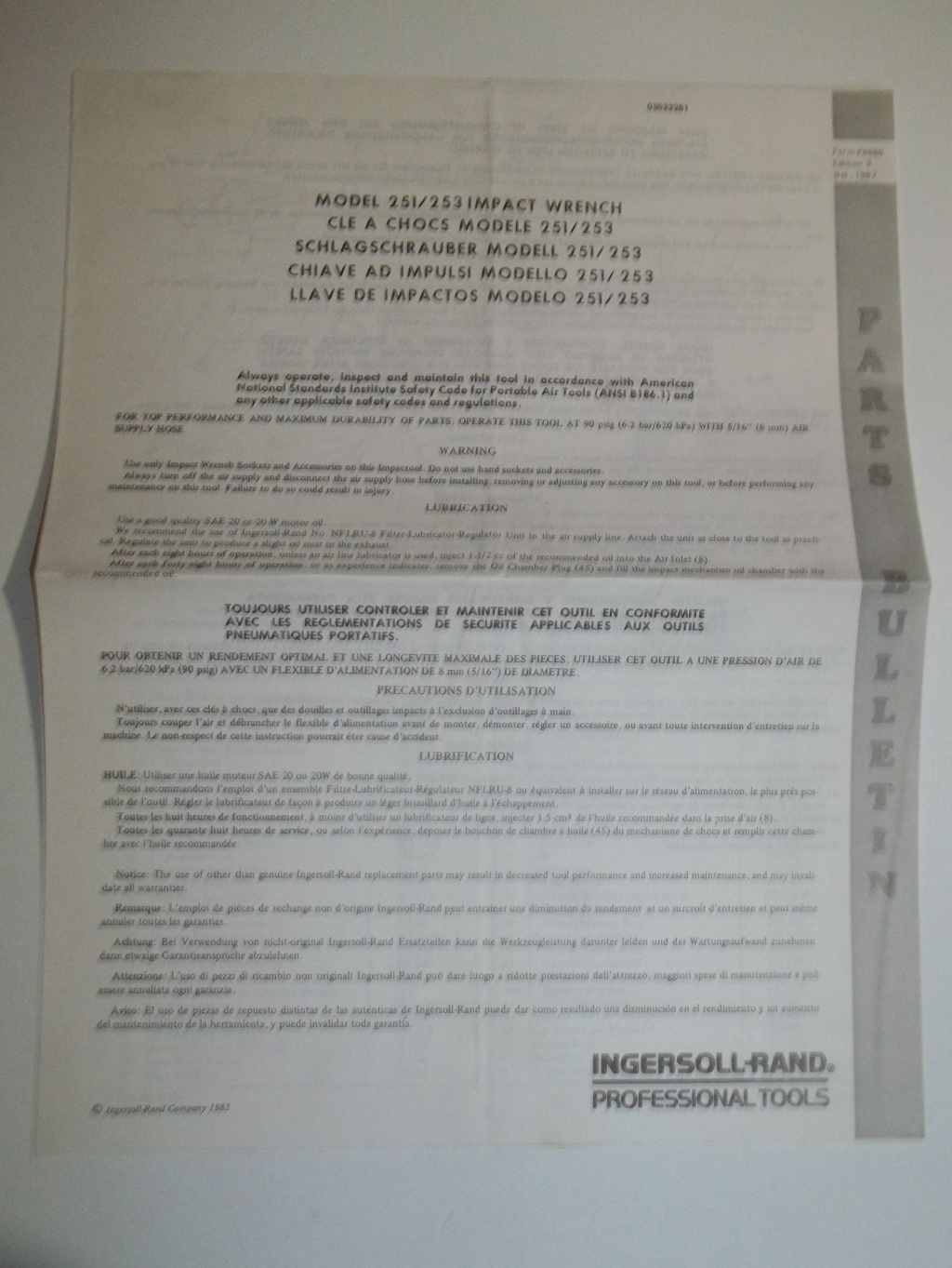 Ingersoll-Rand Air Wrench 251/253 Parts Manual Bulletin