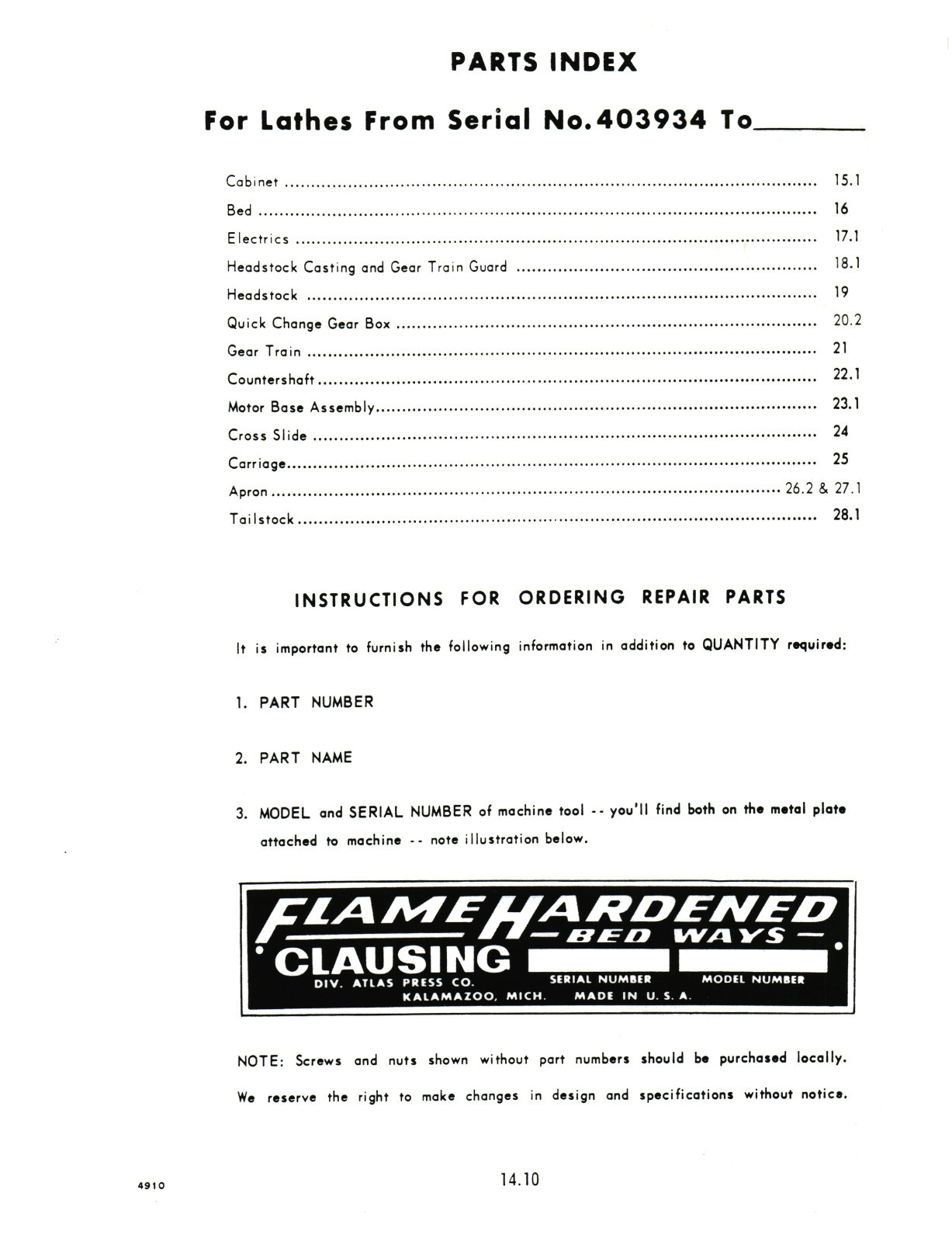 Clausing 10″ Lathe 4900 Series S/N: 403934-405509 Op and Parts List Manual #1462