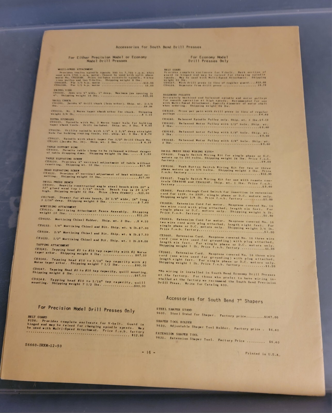 south bend lathe works, price list no 5084 , Attachments And Accessories 1950