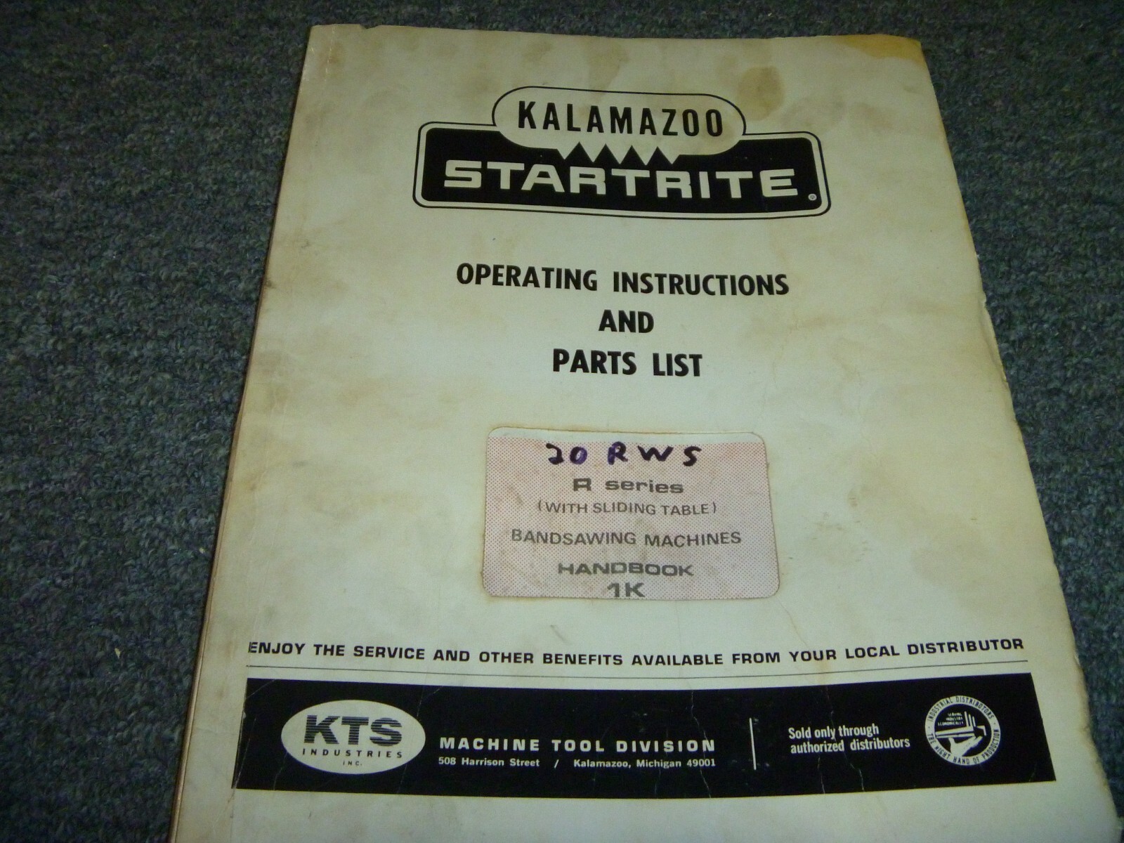 Startrite Kalamazoo 20RWS Band Saw Parts Catalog & Owner Operator Manual 1K