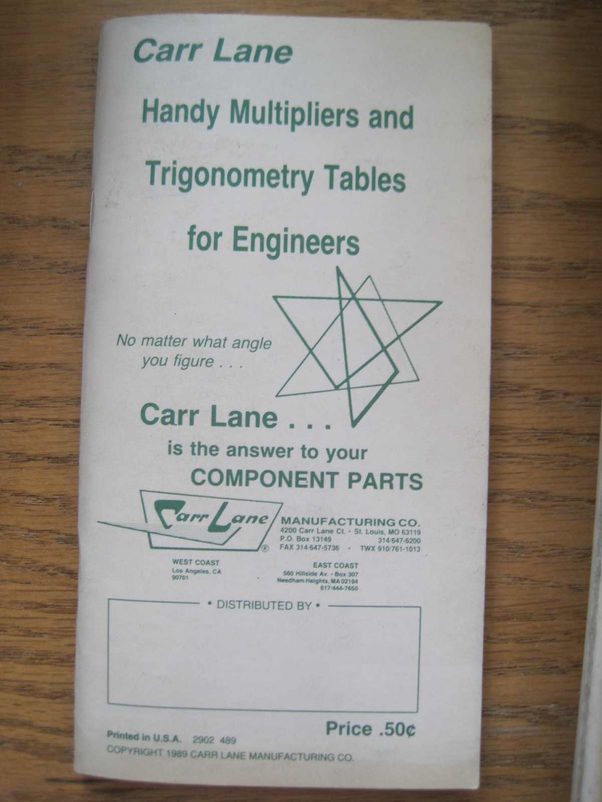 Carr Lane Handy Multipliers & Trigonometry Tables for Engineers Booklet 1989