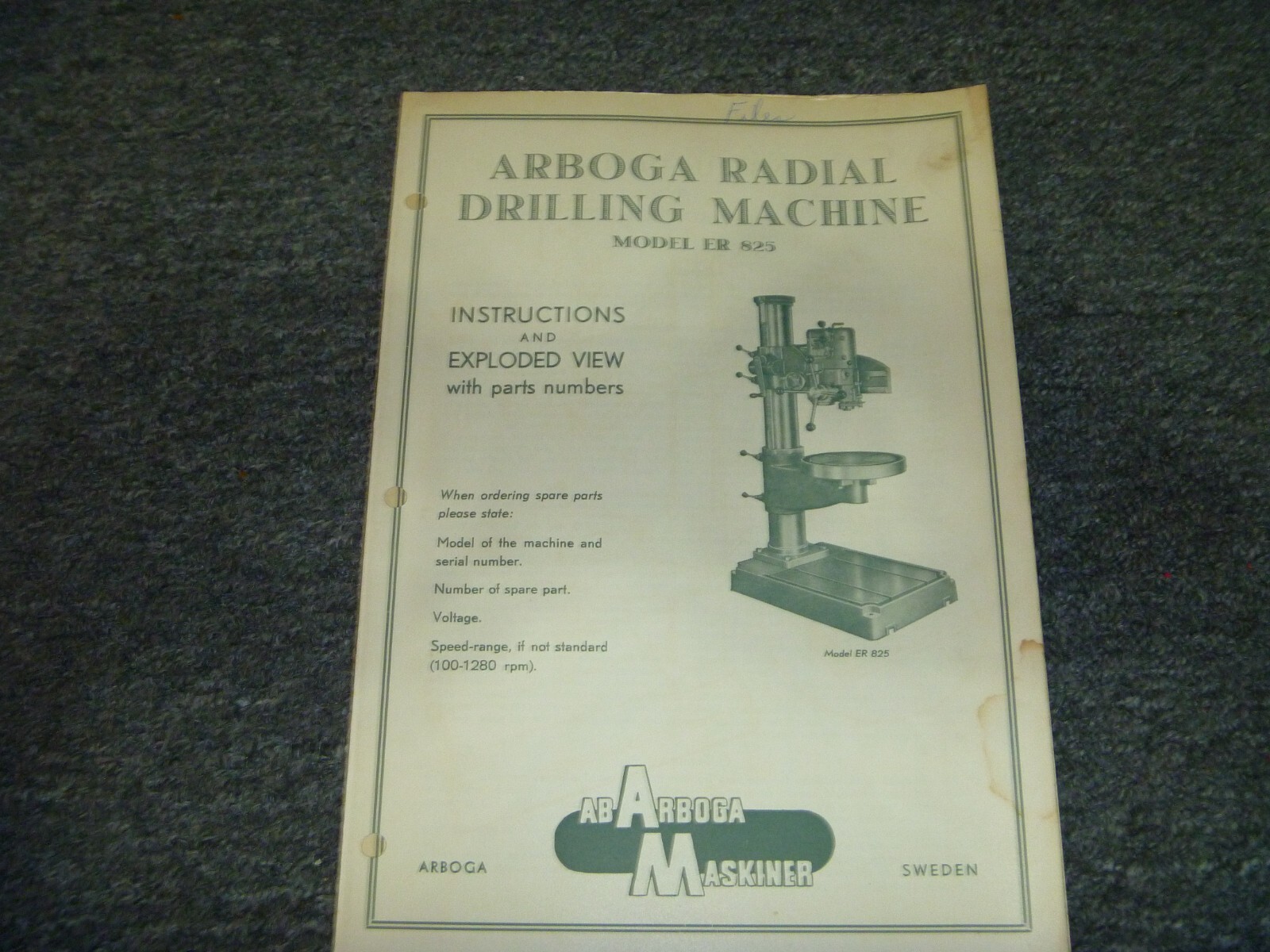 Arboga ER 825 Radial Drilling Machine Parts List & Owner Operator Manual