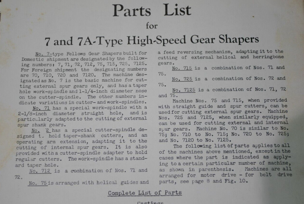 Fellows 7 and 7A Gear Shaper Parts Manual 1954