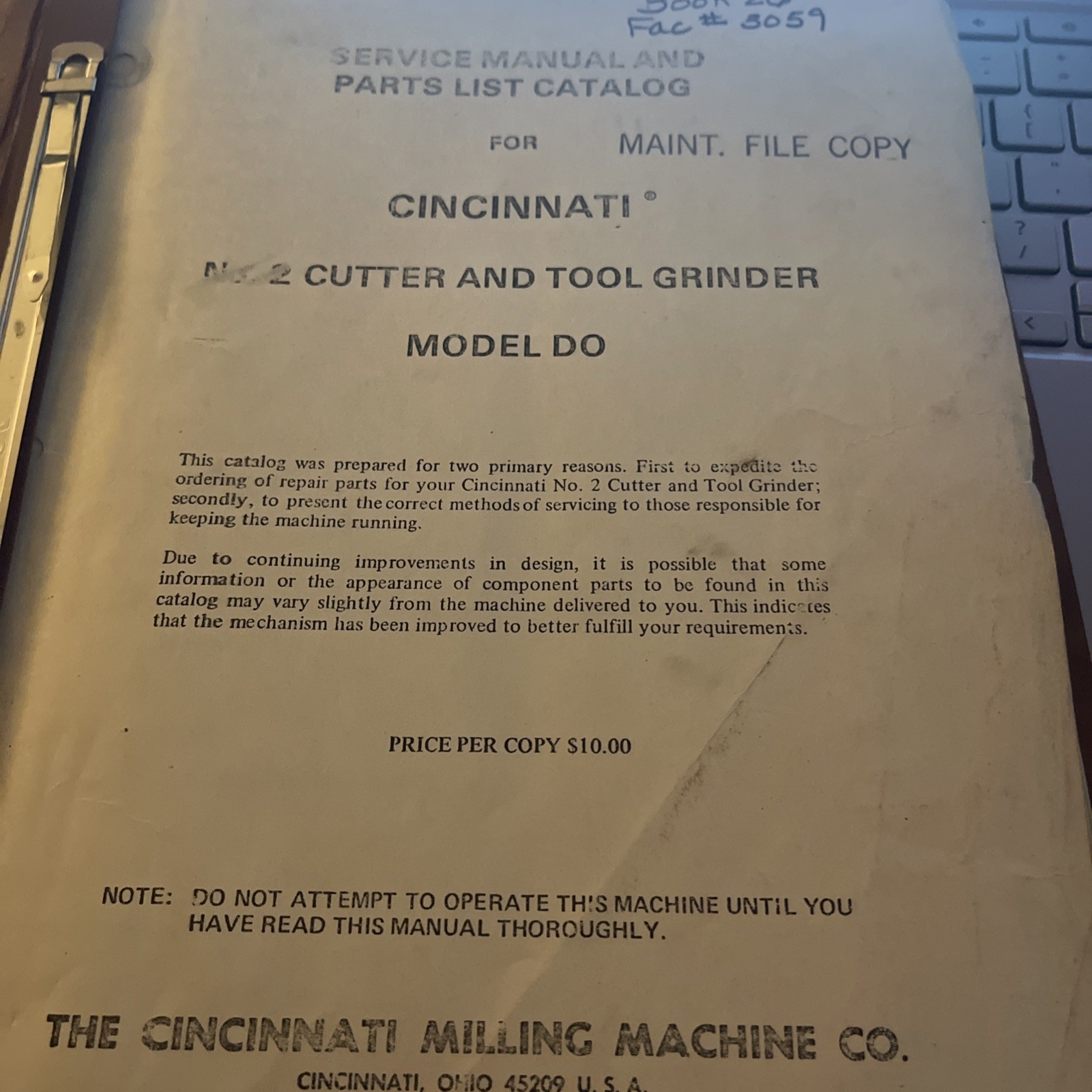 Cincinnati Manual and Parts List Catalog No. 2 Cutter & Tool Catalog Model DO