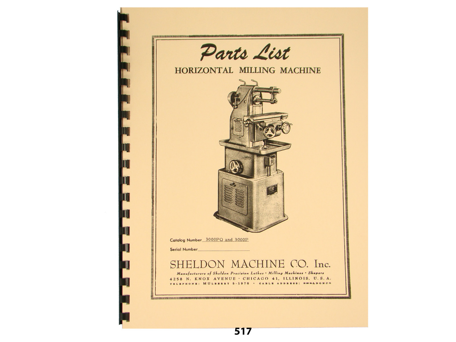 Sheldon 3000PQ & 3000P Hoizontal Milling Machine Parts List Manual *517