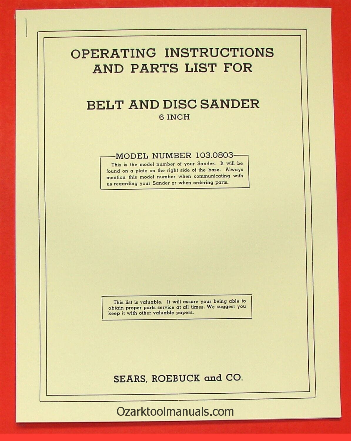 CRAFTSMAN 103.0803 6″ Belt & Disc Sander Owner’s Parts Manual 0789
