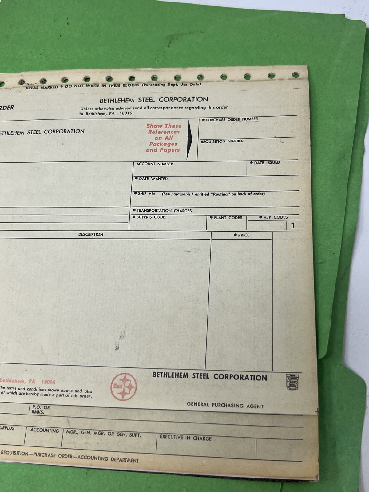 Bethlehem Steel Plant Blank Purchase Order Document Paper 1979