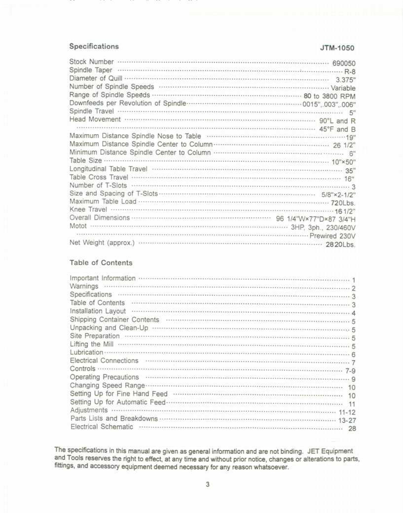 Jet JTM-1050 Vertical Turret Mill Operator & Parts List Manual *211