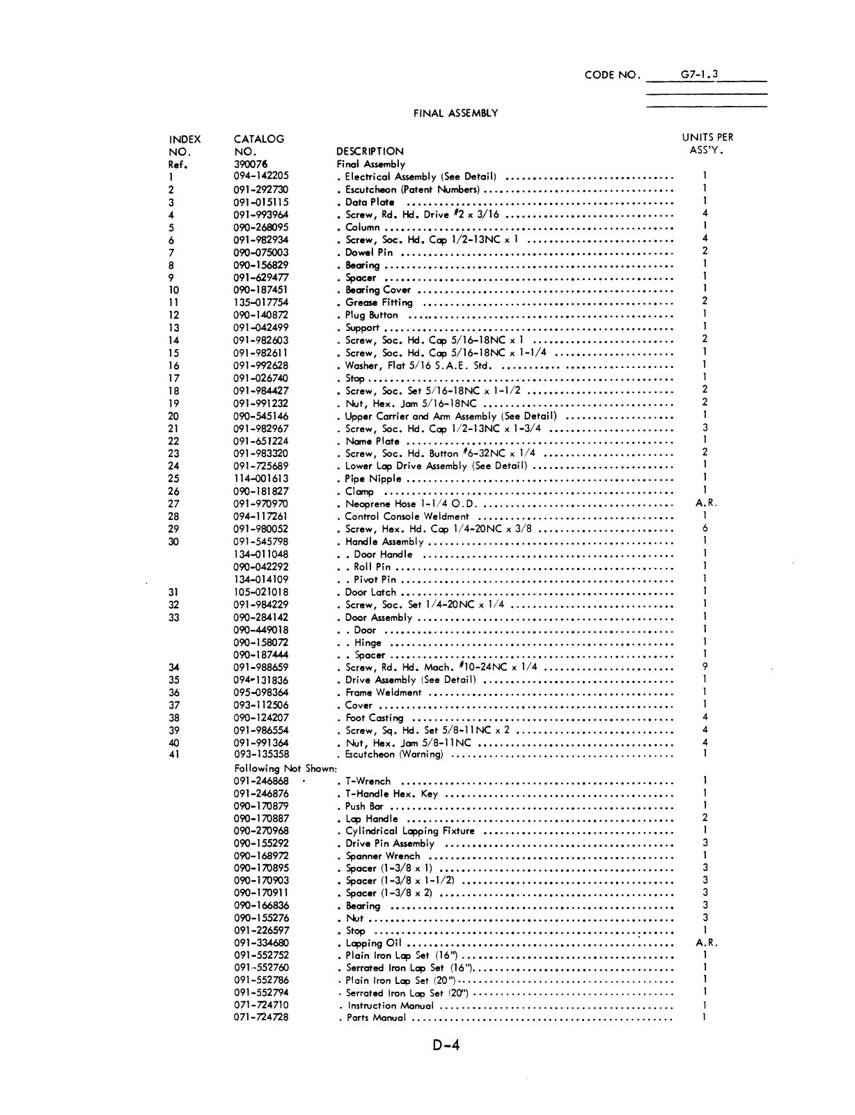 DoALL Lapping Machine CM-16-2 & CM-20-2 Parts List Manual #1611
