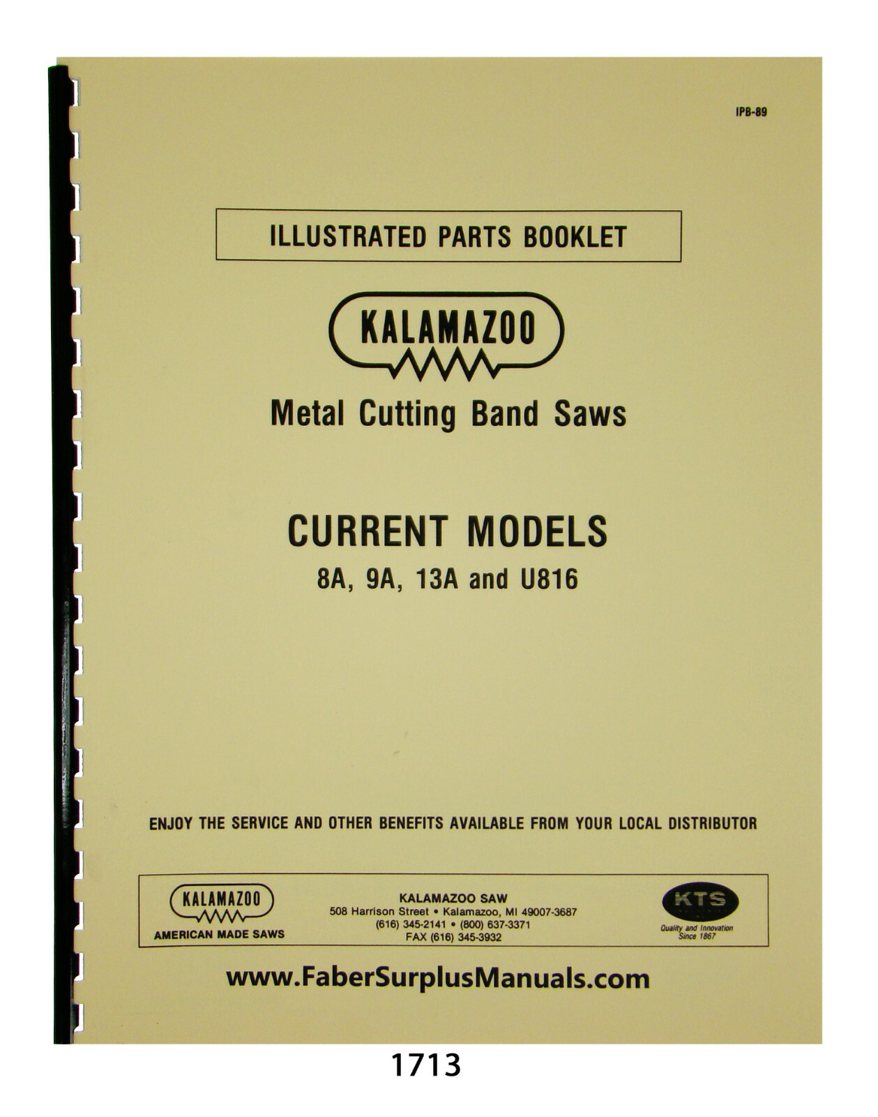 Kalamazoo Horizontal Bandsaws 8A, 9A, 13A, U816 Illustrated Parts Manual #1713