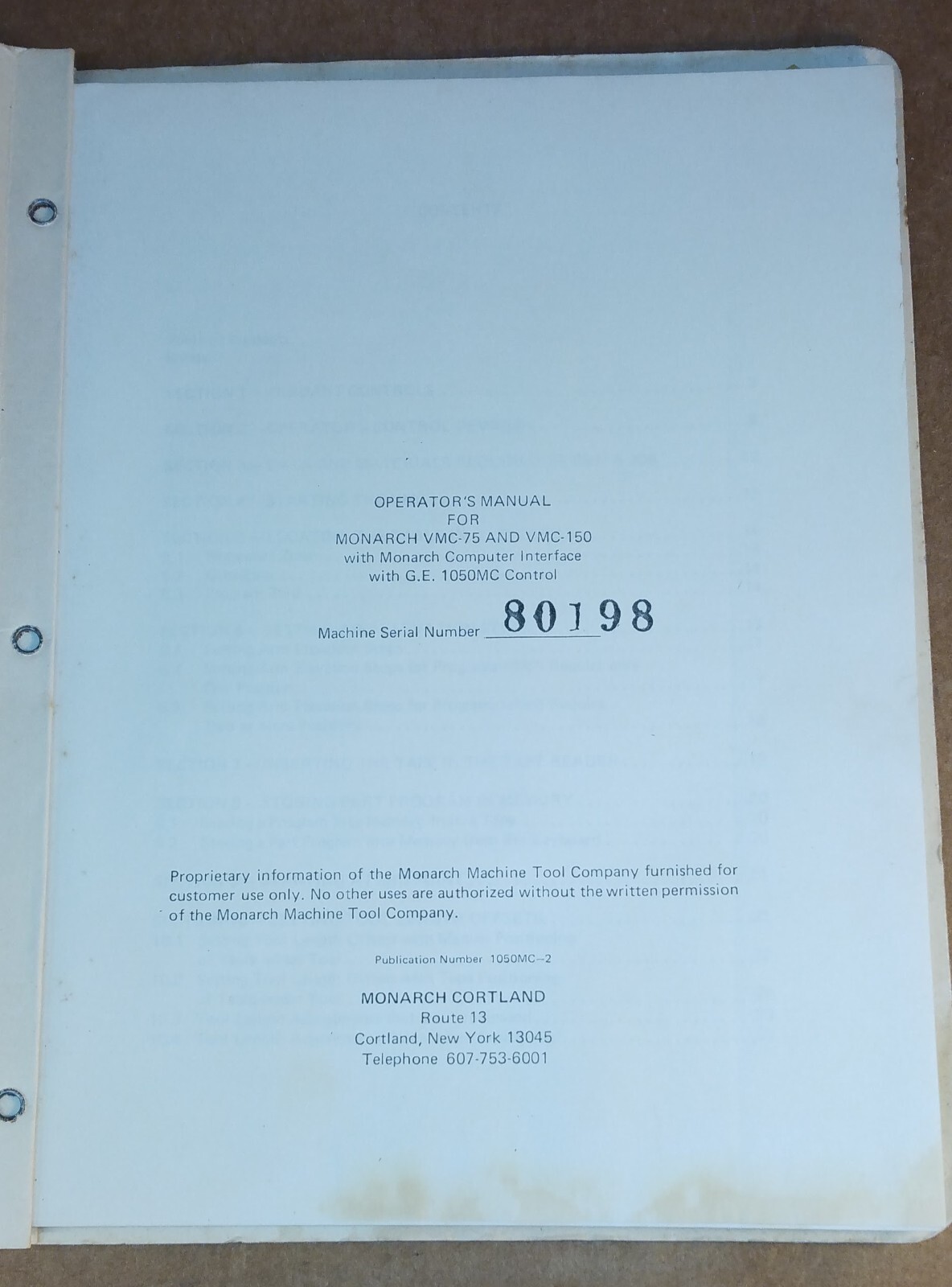 Monarch Machine Tool Operator Manual for VMC-75 & VMC-150 w/GE 1050MC Control
