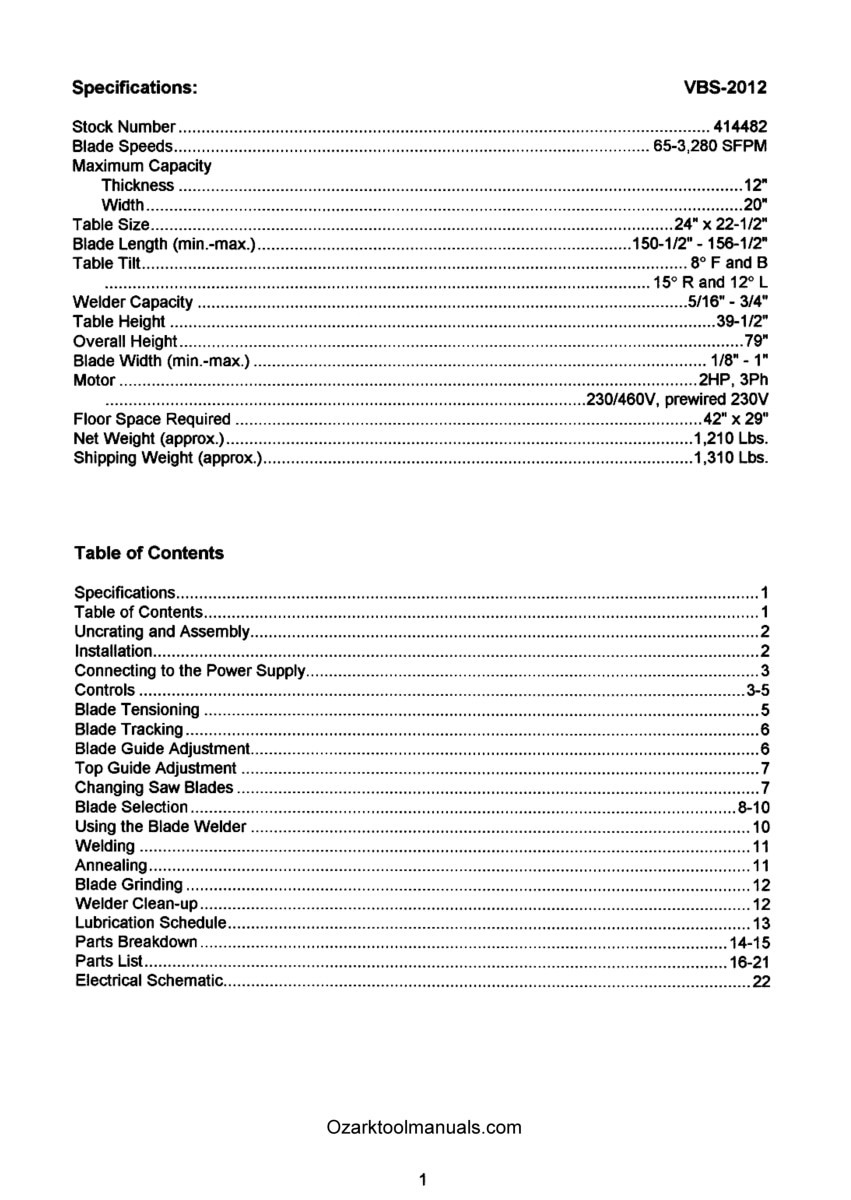 JET Tools 20″ VBS-2012 Metal Band Saw  Instruction Service Parts Manual 1633