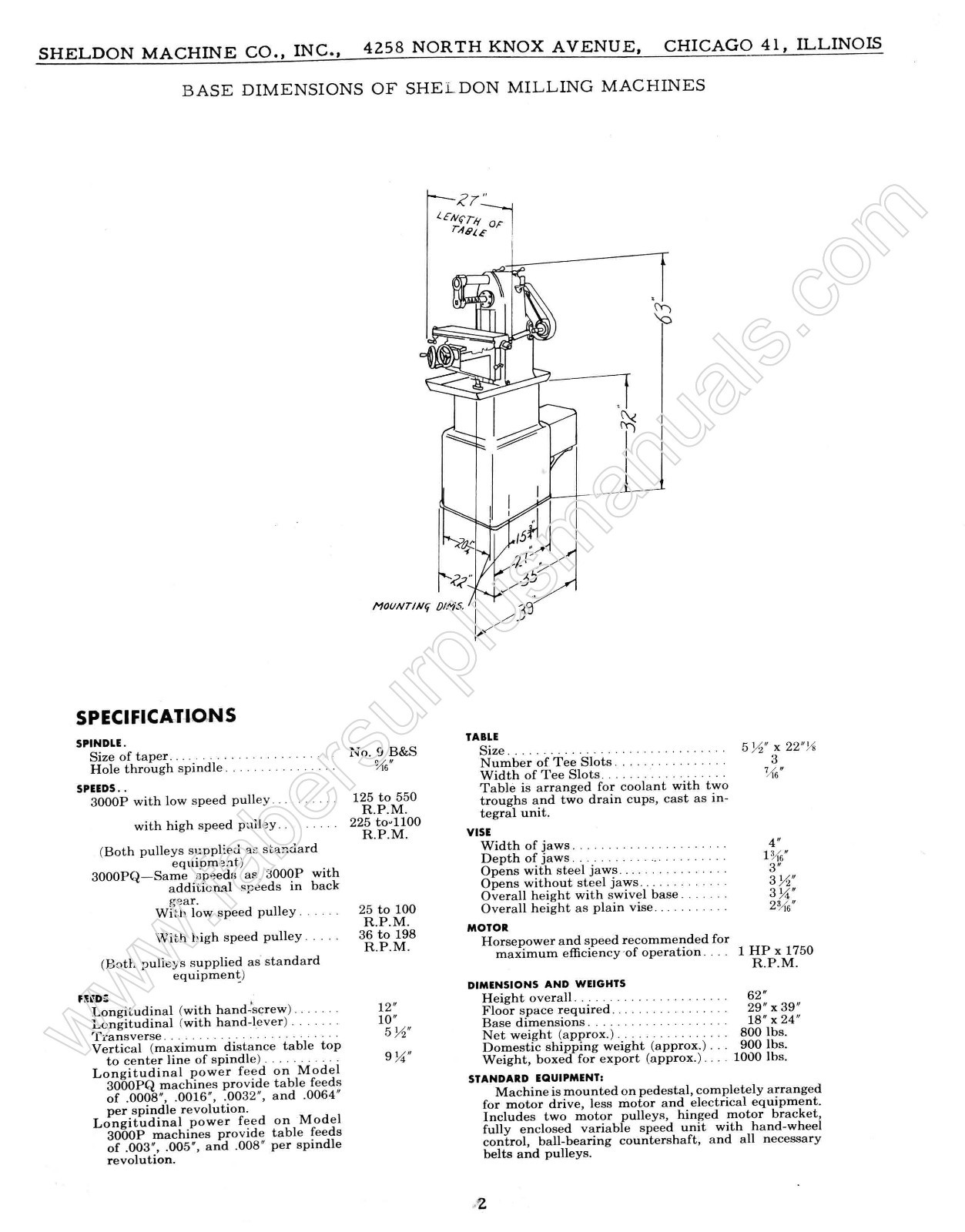 Sheldon 3000PQ & 3000P Hoizontal Milling Machine Parts List Manual *517