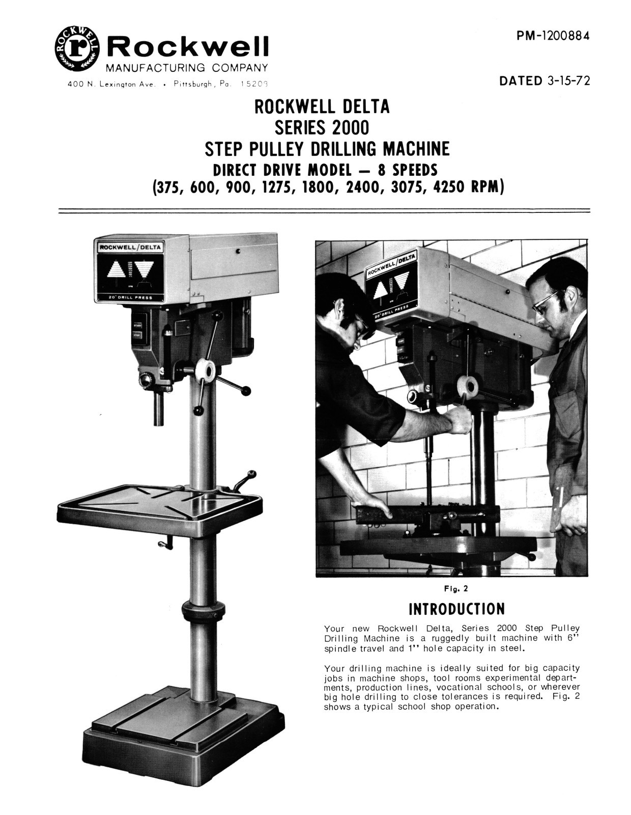 Rockwell Delta 20″ Series 2000 Step Pulley Drill Press Op & Parts Manual *1656