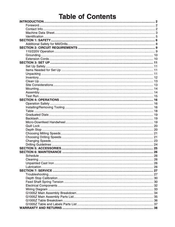 Owner’s Manual & Operating Instructions Grizzly Mill/Drill – Models G1005Z