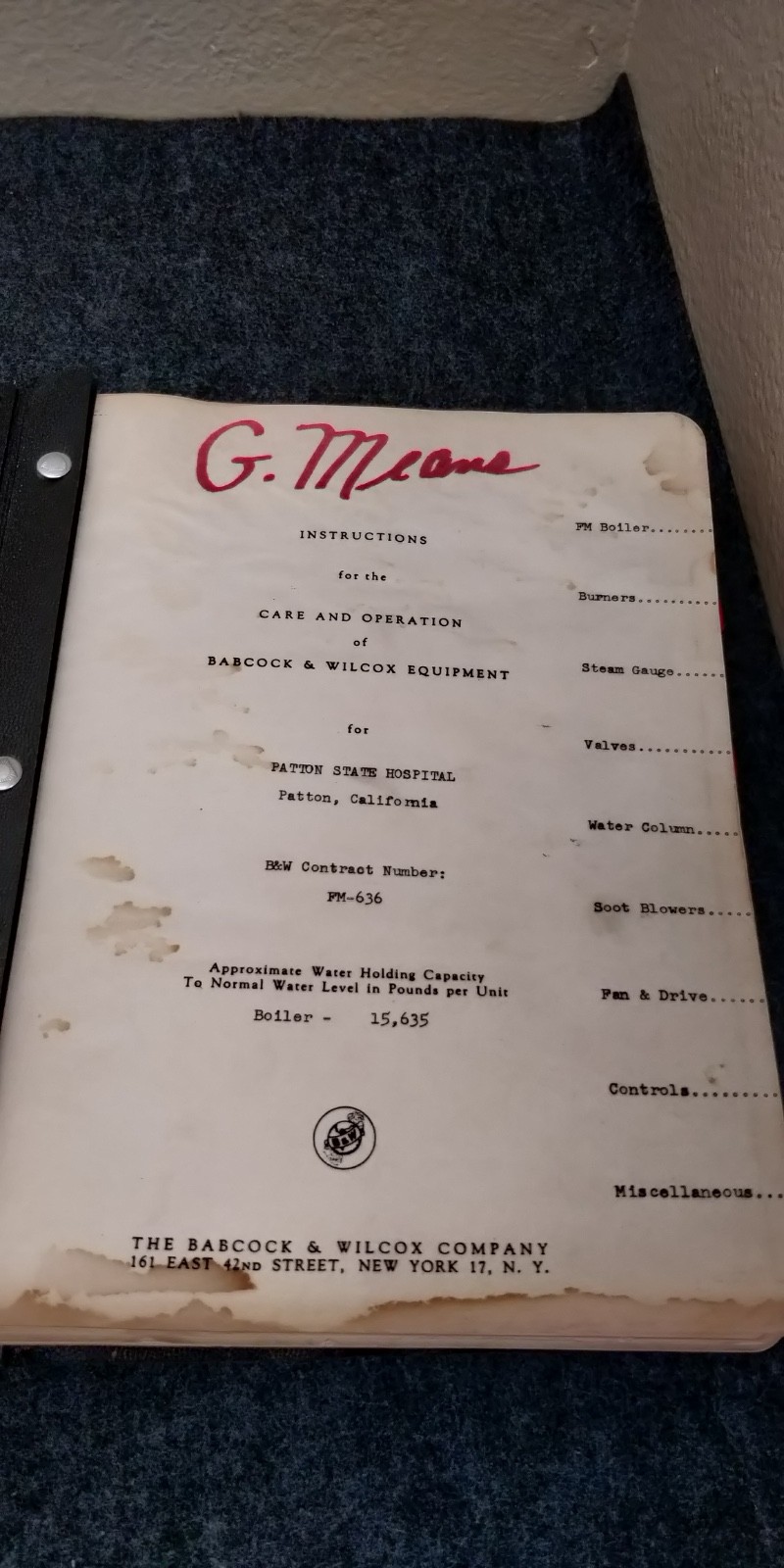 1957 Babcock & Wilcox OPERATING INSTRUCTIONS parts lists PATTON STATE HOSPITAL