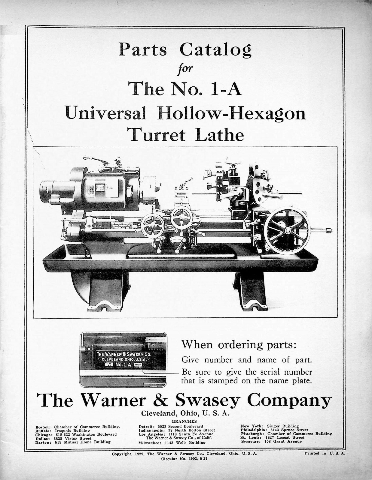 Printed Manual – Warner & Swasey #1-A Uni Hollow-Hexagon Turret Lathe 1929 SW13