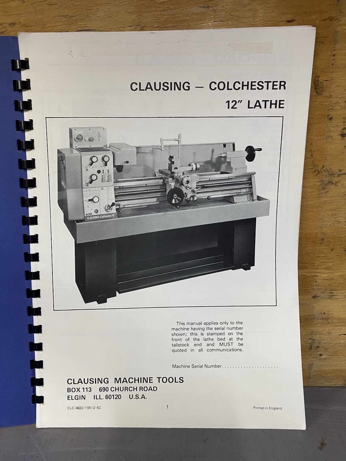 Clausing Colchester 12” Geared Head Variable Speed Lathes Inst. Parts Manual
