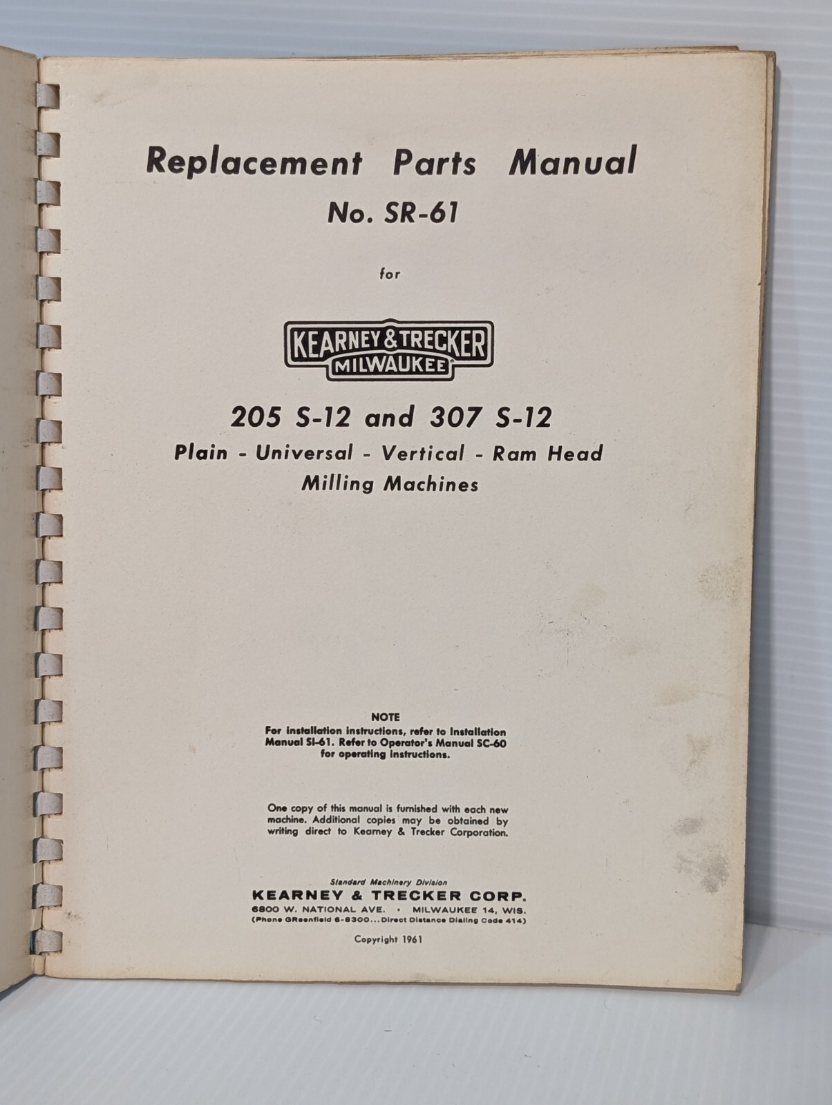 Lot of 2: Kearney&Trecker SR-61 Parts Manuals for S-12 Knee Type Milling Machine