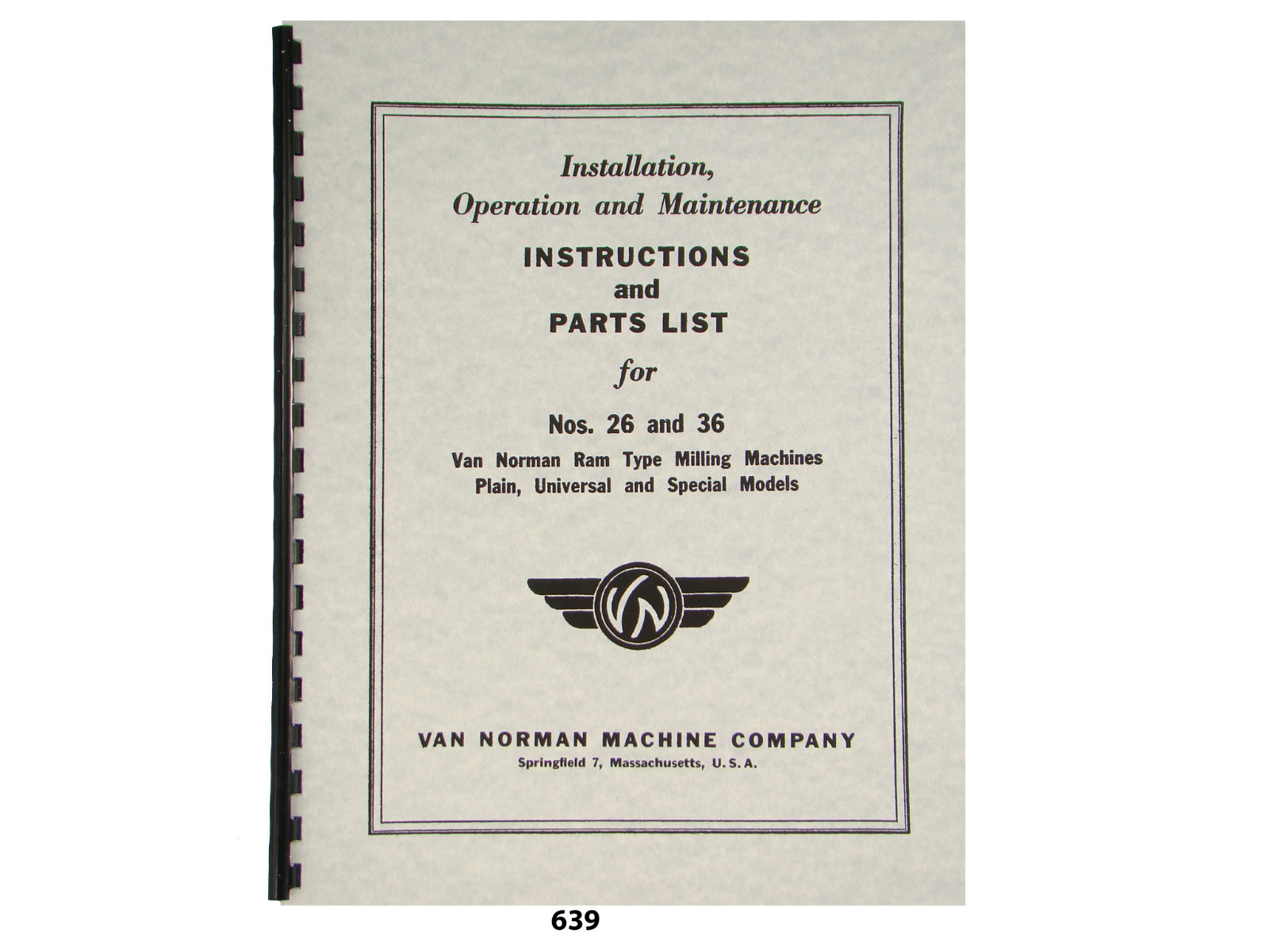 Van Norman 26 & 36 Milling Machine Operator Instructions & Parts Manual *639