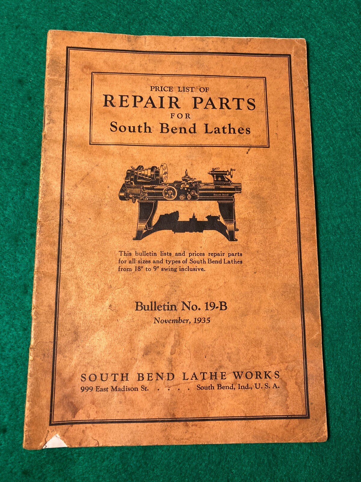 1935 South Bend No. 19-B Lathe Price List of Repair Parts Manual