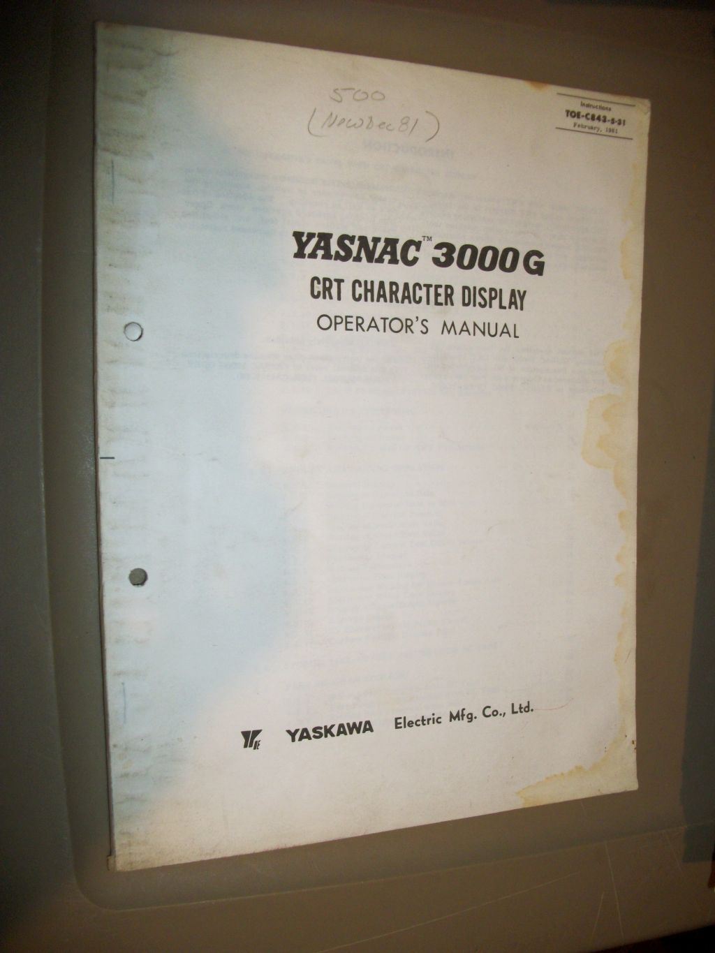 Yaskawa Yasnac 3000G CRT Character Display Operator’s Manual