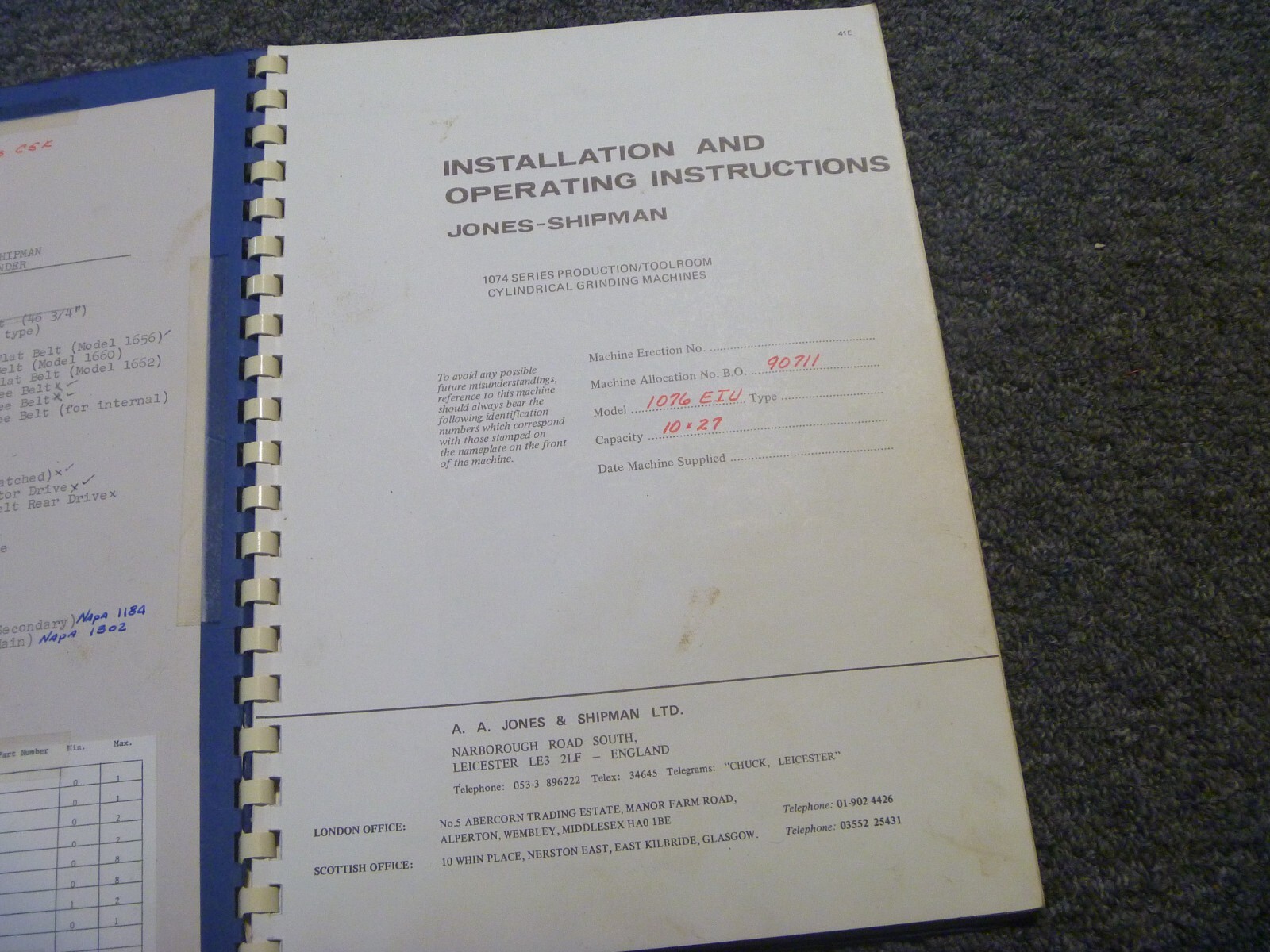 Jones Shipman 1076 EIU Grinding Machine Installation & Owner Operator Manual xz