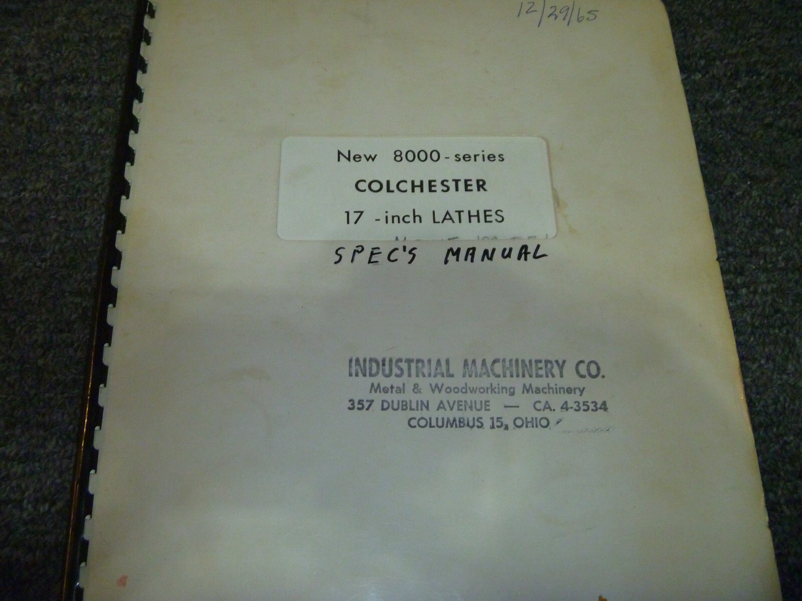 Colchester 8000 Series 17″ Lathe Machine Specifications Manual