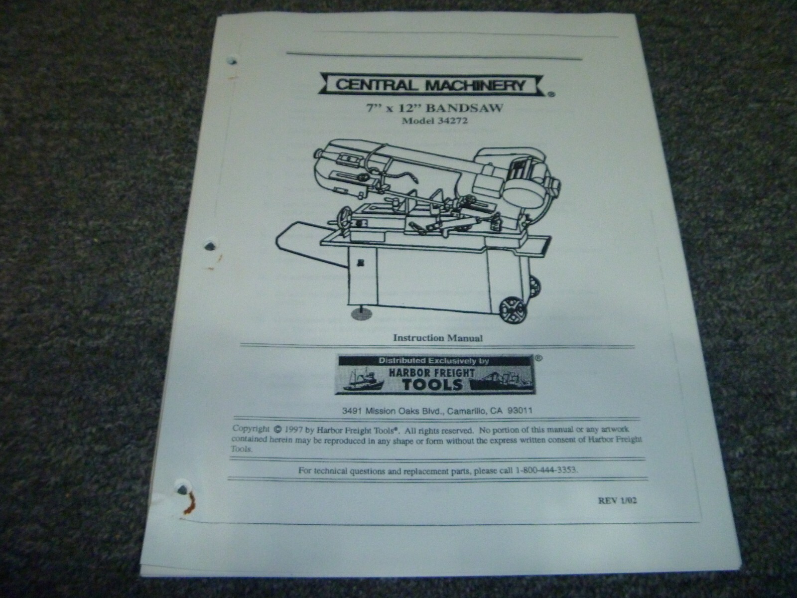 Central Machinery 34272 Bandsaw 7″ x 12″ Owner Operator Instruction Manual