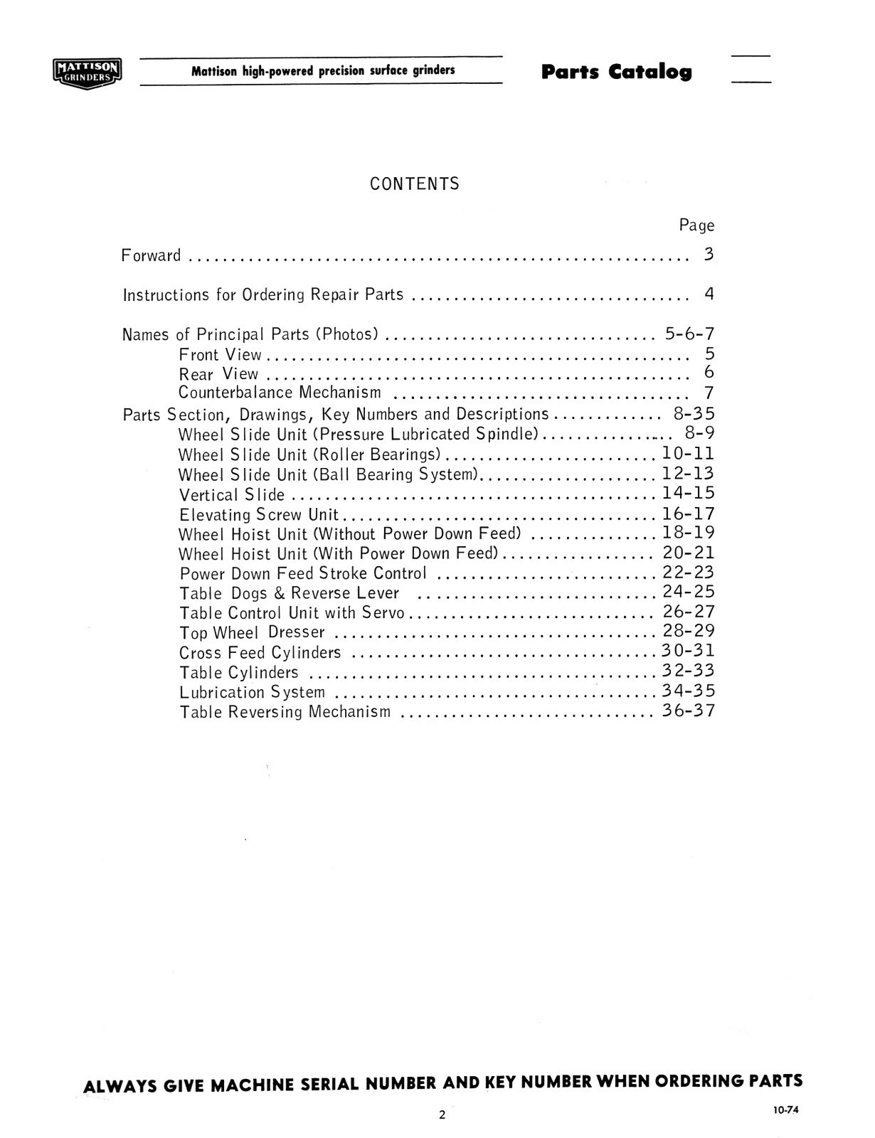 Mattison Horizontal Surface Grinders Parts Manual # 497