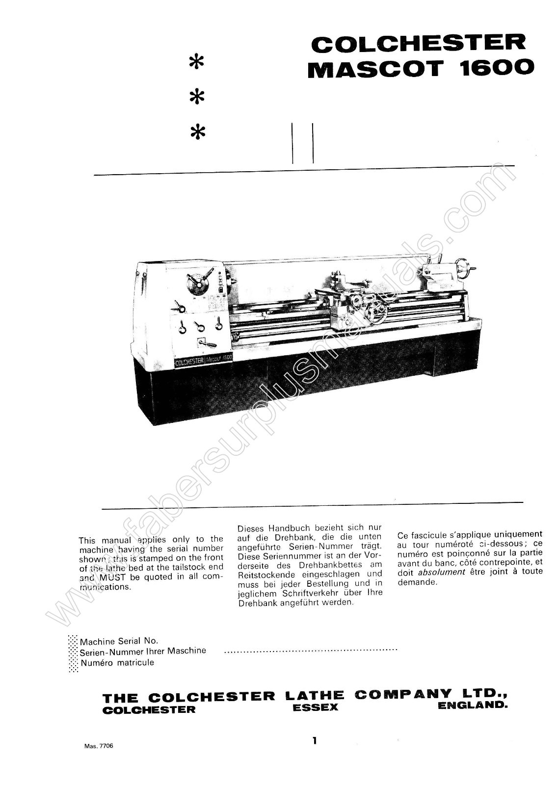 Colchester Mascot 1600 Lathe 17″ Op, Service, & Parts Manual #482