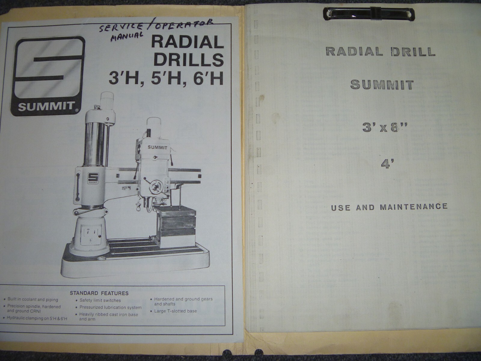 Summit 3’H 5’H 6’H x 8″ Radial Drill Operator Instruction & Maintenance Manual