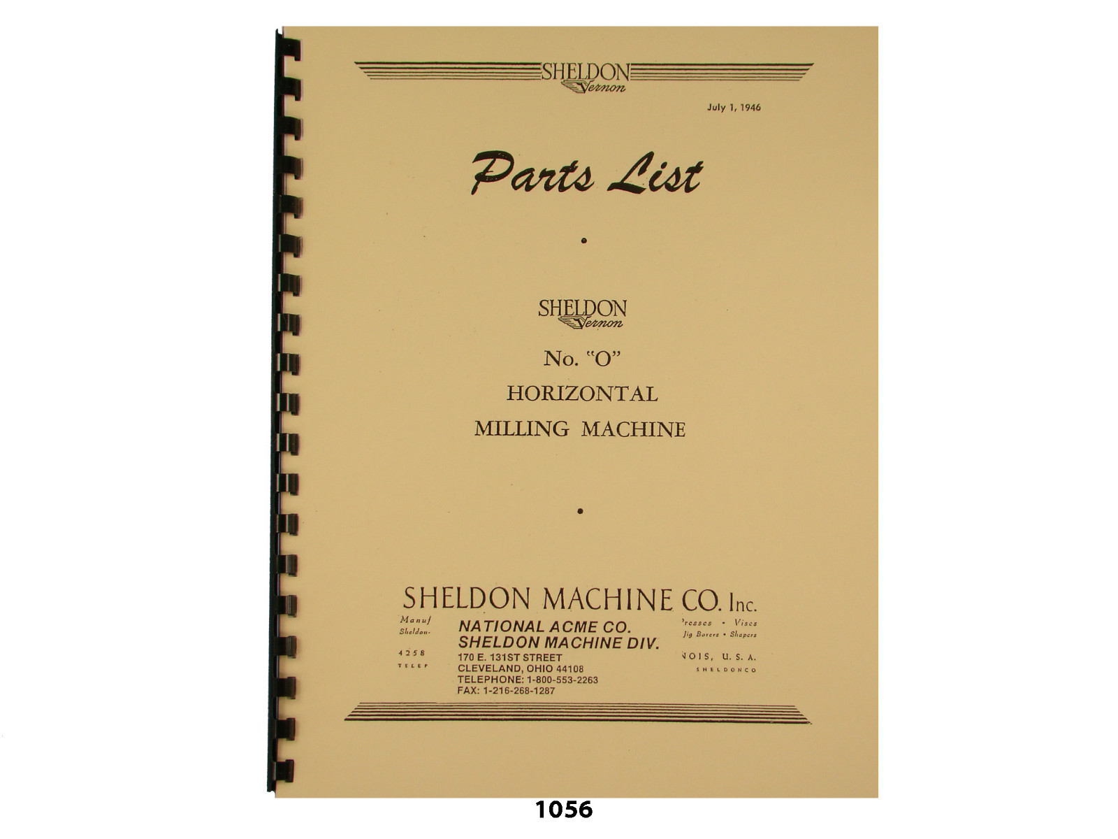 Sheldon No. ” 0 ” Hoizontal Milling Machine Parts List Manual *1056