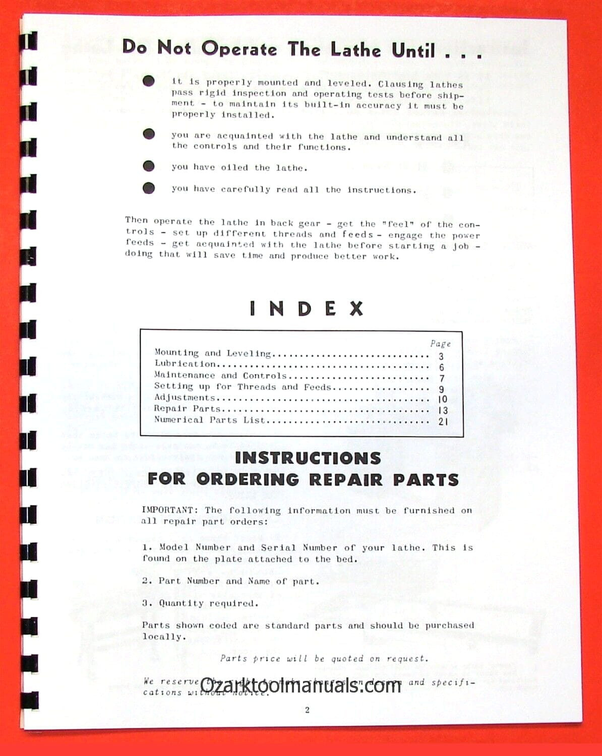 CLAUSING 100 – Atlas 4800 Series 12″ Metal Lathe Operating & Parts Manual 0133