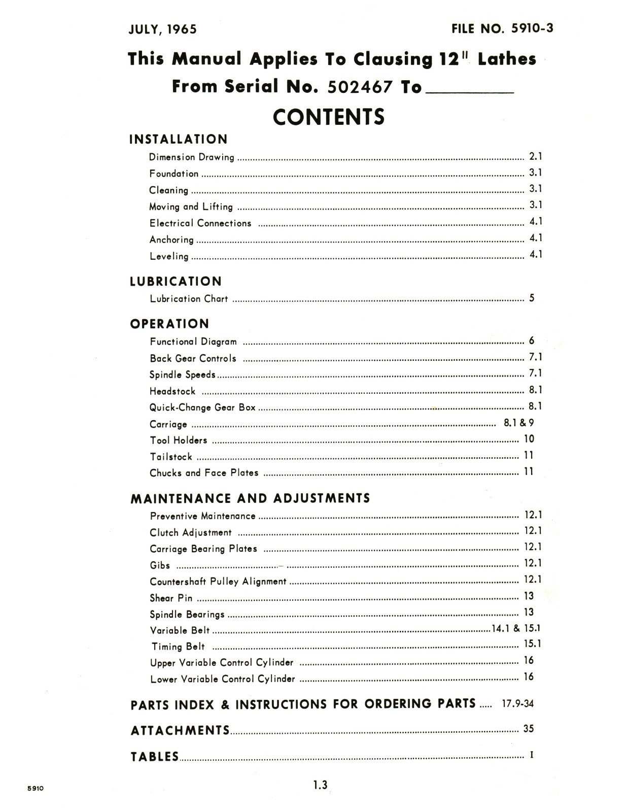 Clausing 12″ Lathe 5900 Series sn: 502467 up Instruct & Parts List Manual #1371
