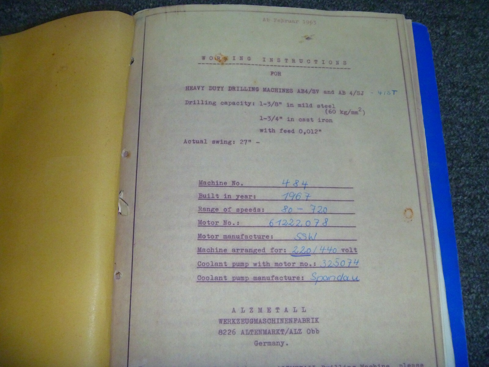 Alzmetall AB4/SV & AB4/SJ Heavy Duty Drilling Machine Owner Operator Manual