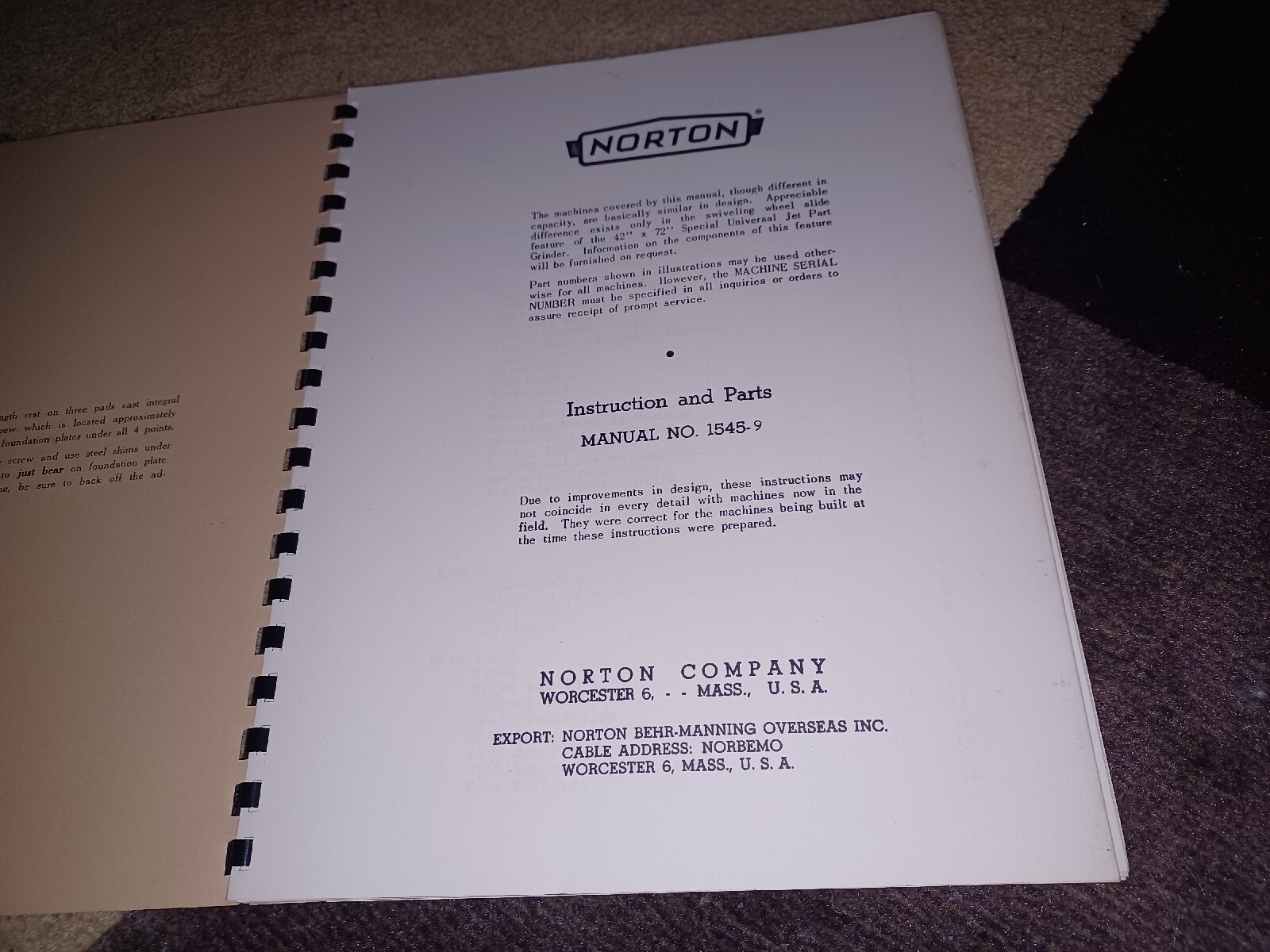 NORTON 14 16 18 Type C Cylindrical GRINDERS Instruction Parts Manual 1545-9 Book