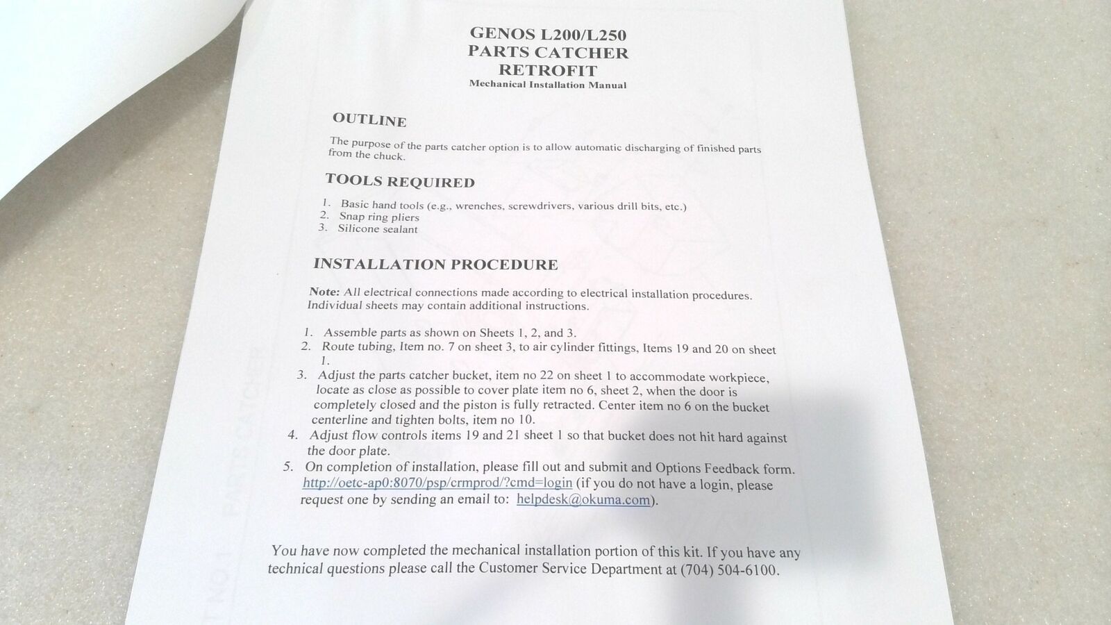 CNC LATHE GENOS L200/L250 PARTS CATCHER MECHANICAL RETROFIT MANUAL P-K5D1-003-E-