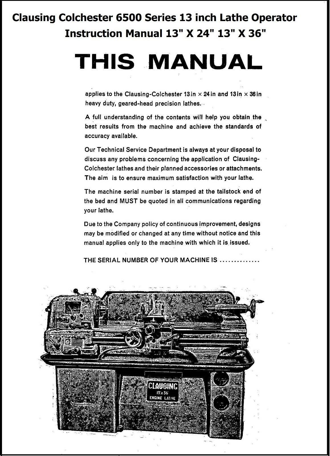 Operator & Parts Manual Fits Clausing Colchester 13-in 6500 Series Lathe