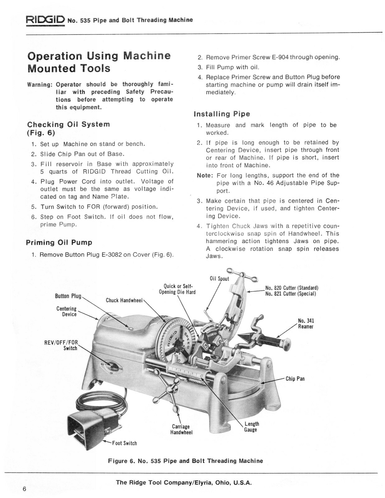 Rigid Model 535 Pipe & Bolt Threading Machine Operator & Parts List Manual #1826