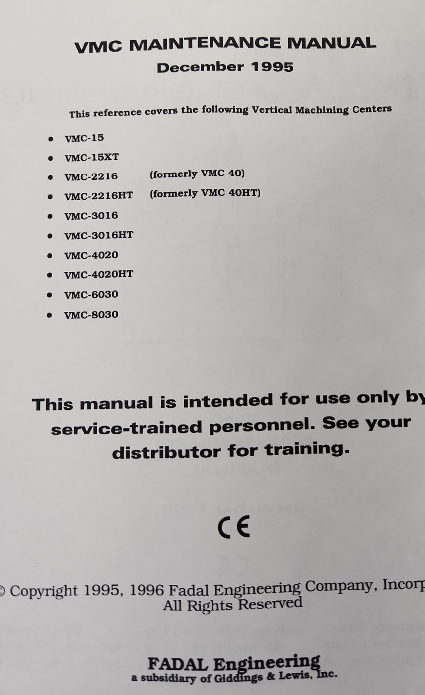 Fadal VMC CNC Manuals 1995 1996 Operator Maintenance User Set 3 Vertical Mill