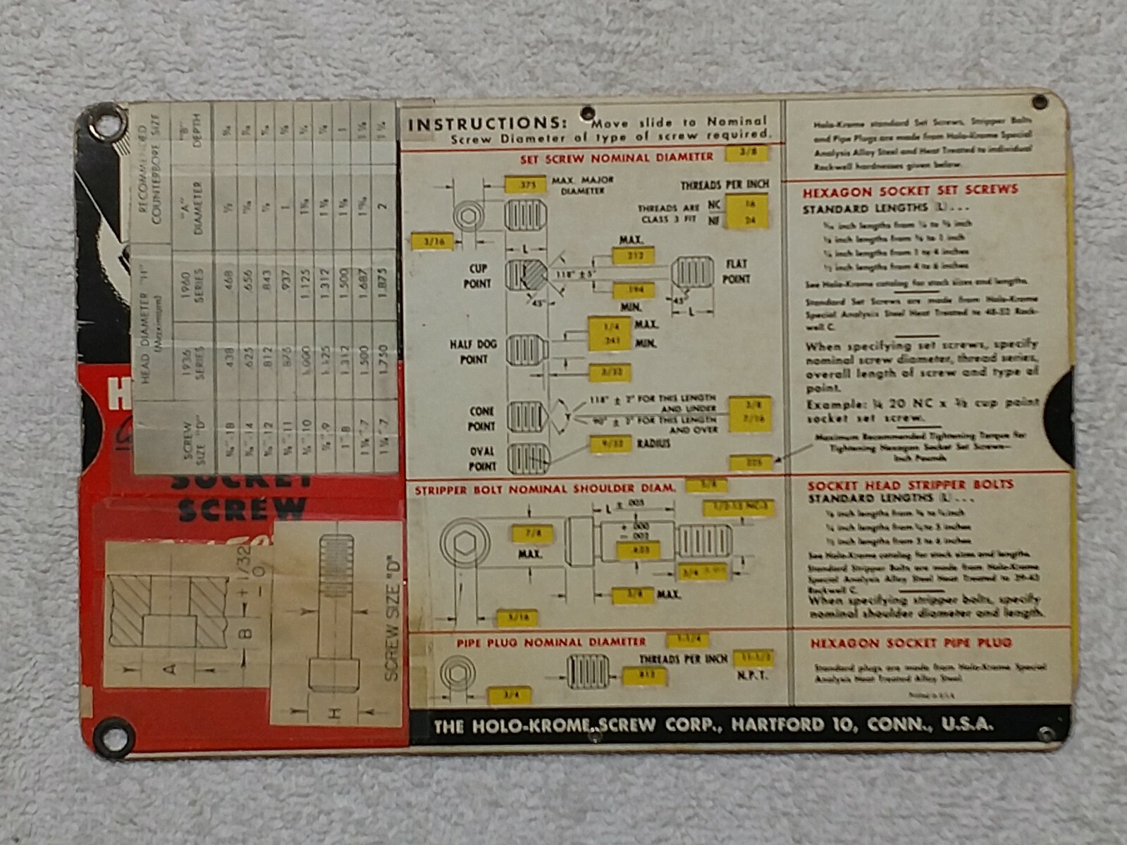 Holo-Krome Completely Cold Forged Socket Screw Selector- Slide Rule- Tool Guide
