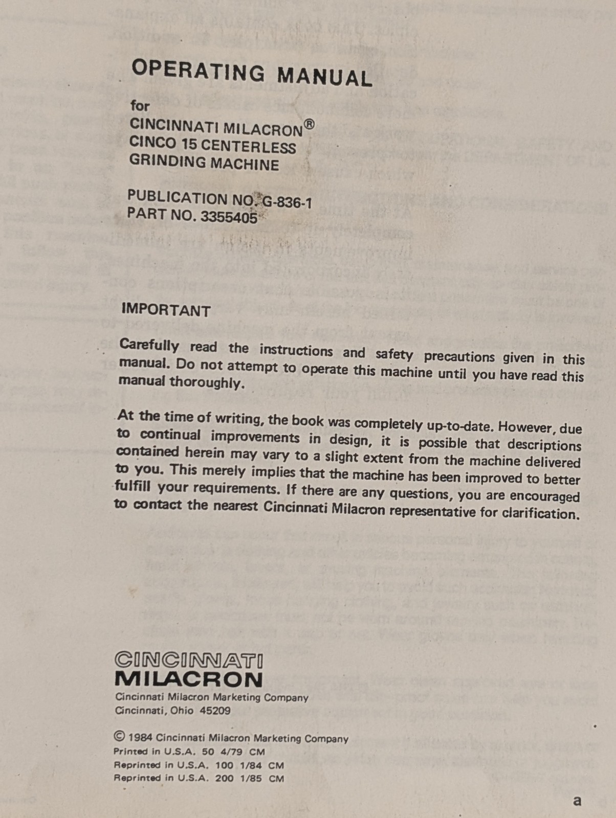 Cincinnati Milacron G-836-1 Cinco 15 Grinding Machine Operating Manual