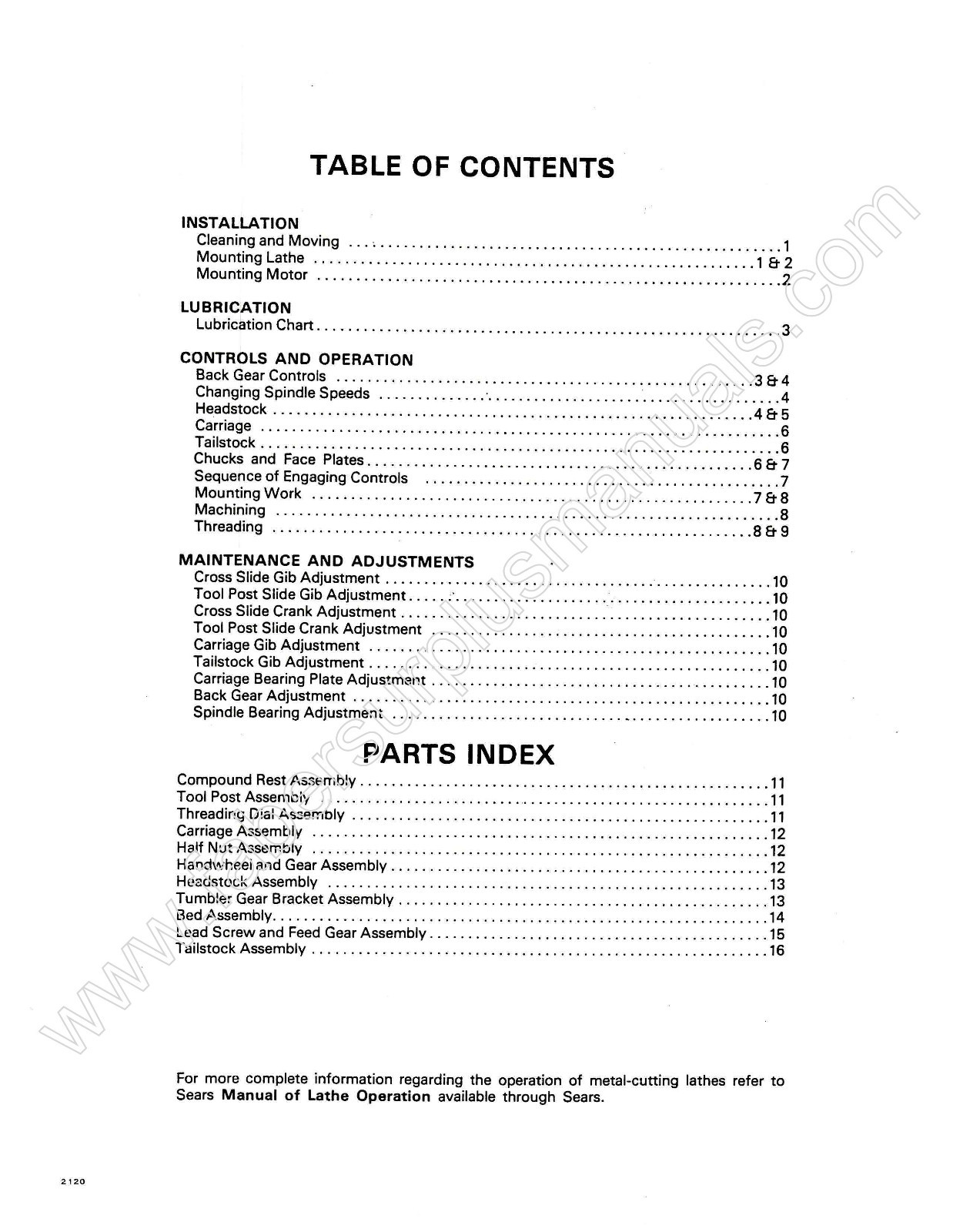 Sears Craftsman 6″ Metal Lathe 101.21200 Operation and Parts List Manual *602