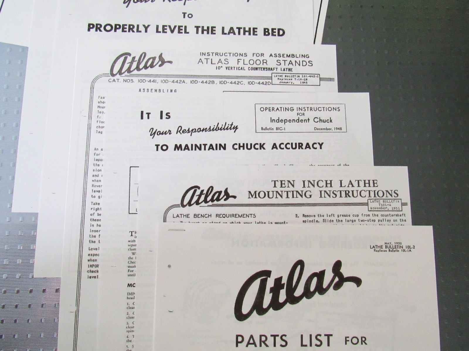 Vintage Atlas Lathe 10F Parts List, Leveling, Lubrication Chart – 7 Documents