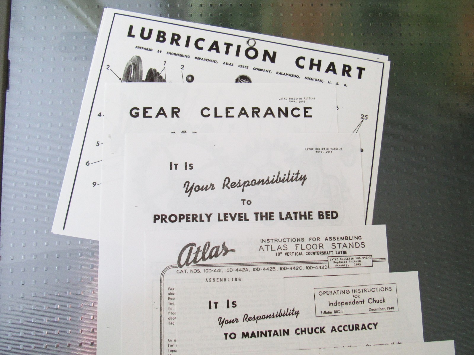 Vintage Atlas Lathe 10F Parts List, Leveling, Lubrication Chart – 7 Documents