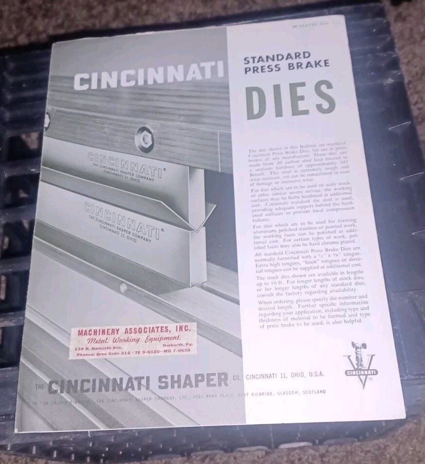 1964 Cincinnati standard press brake dies bulletin D-6 W Order Form Price List