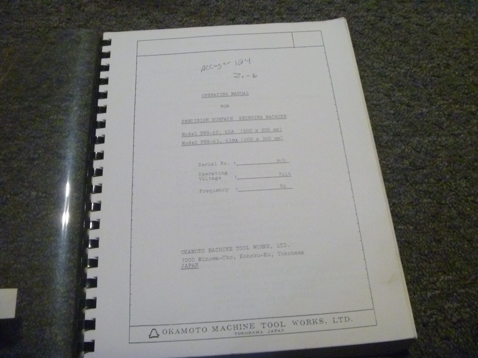 Okamoto PSG-63UA Accugar 124 Surface Grinding Machine Owner Operator Manual