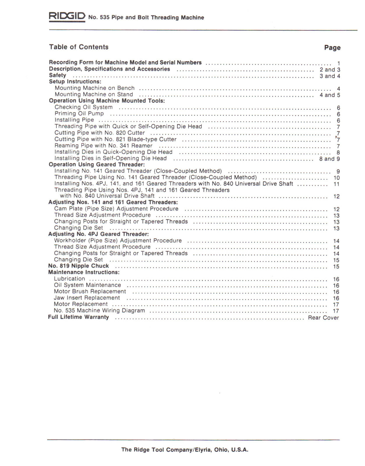 Rigid Model 535 Pipe & Bolt Threading Machine Operator & Parts List Manual #1826